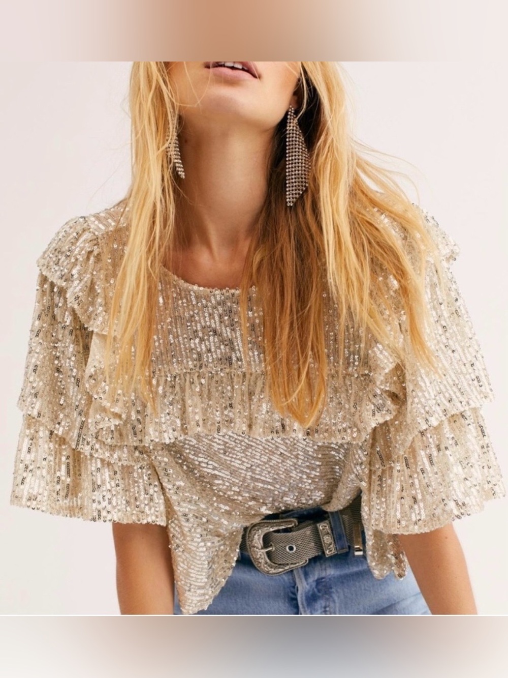 Free People Champagne Sequin Ruffle Short-Sleeve Top